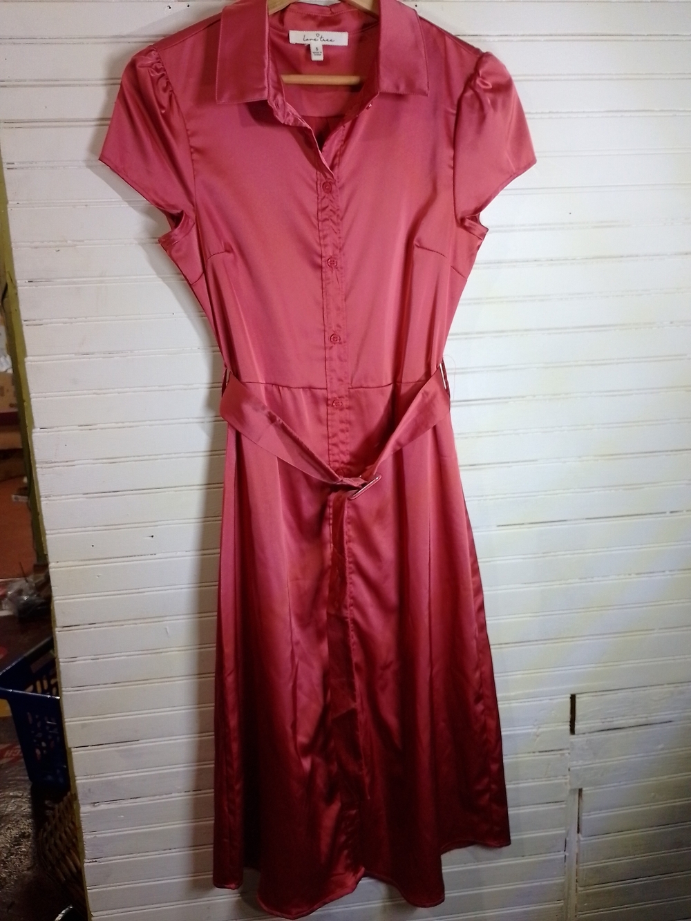 Love Tree Satin Midi Shirt Dress in Rose
